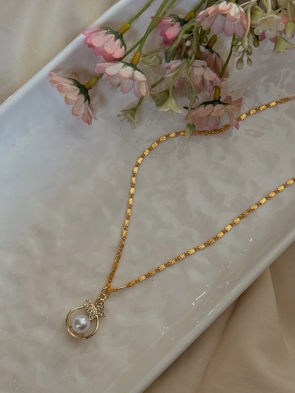 Gold Pearl Butterfly Pendant Necklace - Women Jewelry